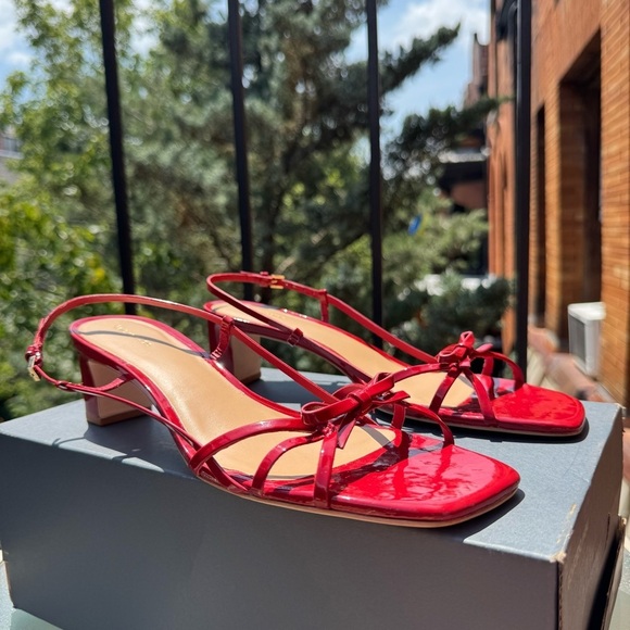 New Reformation Sally Bow Heeled Sandal Mule Shoes Red Scarlet Patent 9.5 - Picture 9 of 15